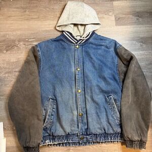 Vintage Yukon Trail Denim Varsity Bomber Jacket Hooded Blue Grey Mens Large